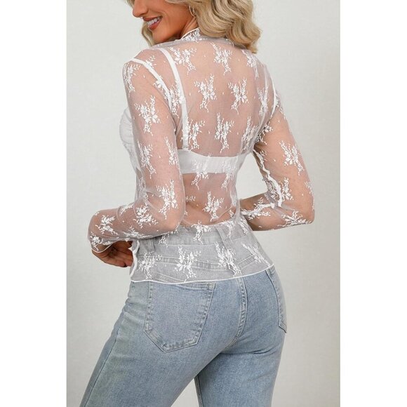 🆕Women's White Polyamide Mesh Sheer Long Sleeve Mock Neck Lace Floral Blouse - Picture 3 of 5
